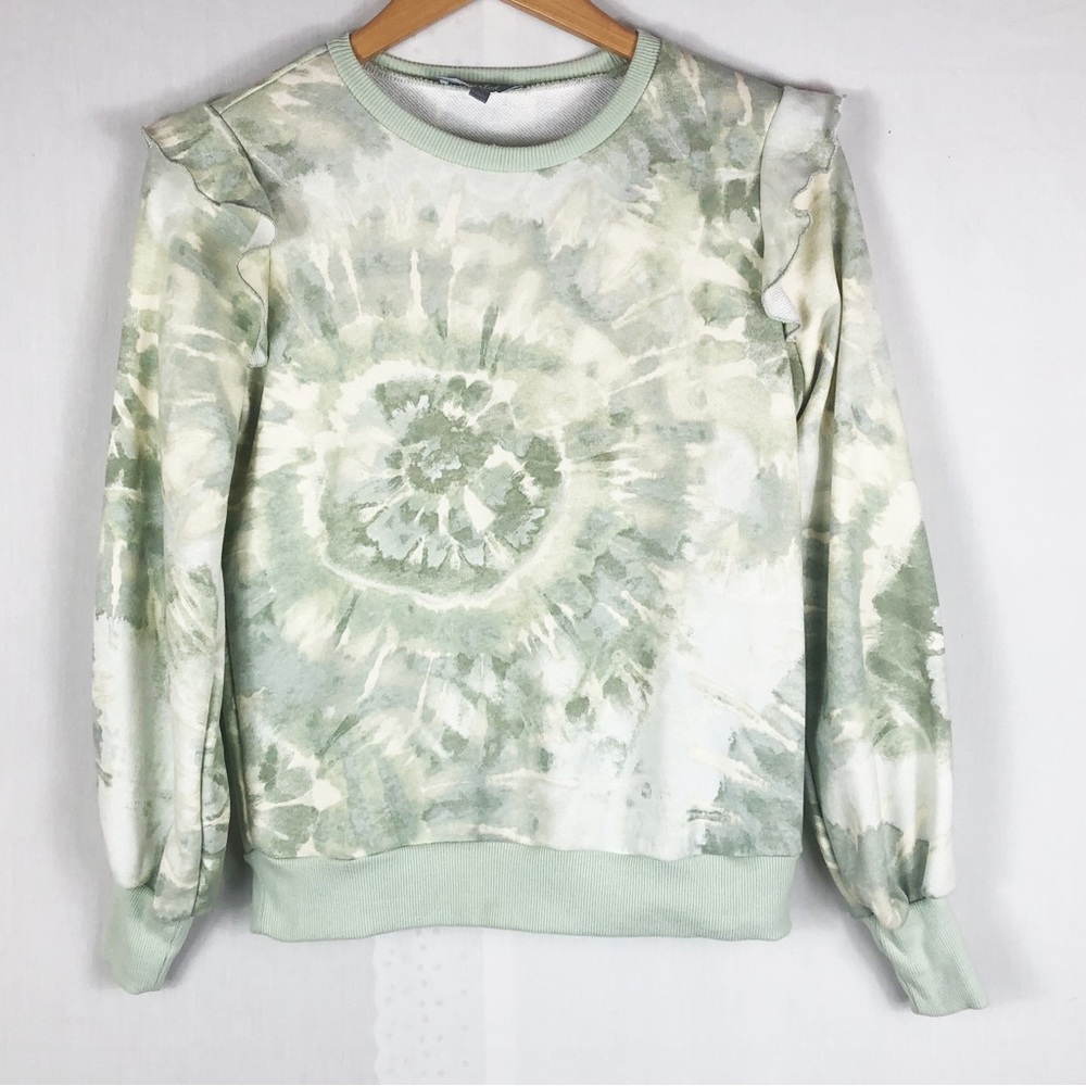 Marled Reunited Ruffle Sleeve Tie Dye Sweater | Green White | Size XS
